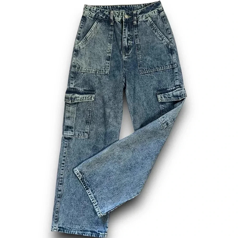 SHEIN Cargo Jeans Women’s Sz XS/2 High Waisted Wide Leg Acid Wash Y2K Denim - Picture 15 of 15